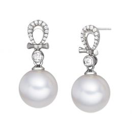 Boucles d'oreilles bambou. Or blanc, perles et diamants