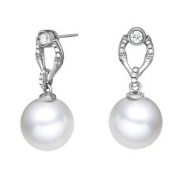 Boucles d'oreilles en forme de bambou - Or blanc, perles et diamants