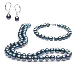 Parure perles noires - Perle de culture noire - Or blanc