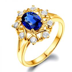 Bague pour fiancaille or Or jaune, diamants et gros saphir