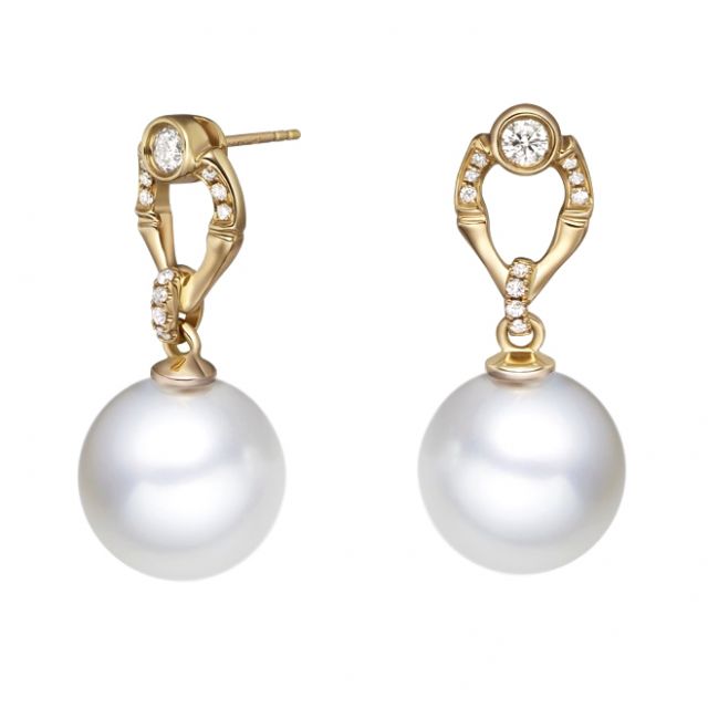 Boucles d'oreilles bambou en or jaune, perles et diamants