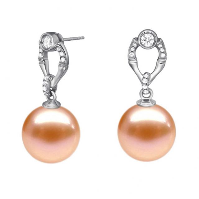 Boucles d'oreilles en forme de bambou - Or blanc, perles et diamants