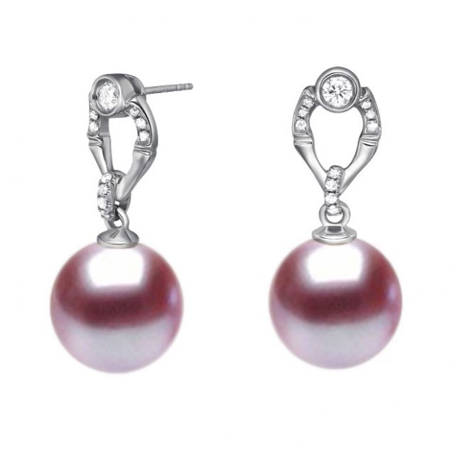 Boucles d'oreilles en forme de bambou - Or blanc, perles et diamants