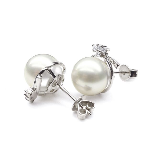 Clous d'oreilles chapeau demoiselle en perles - Or blanc, diamants