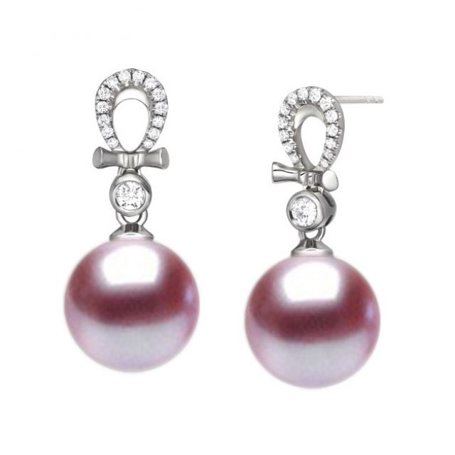 Boucles d'oreilles bambou. Or blanc, perles et diamants