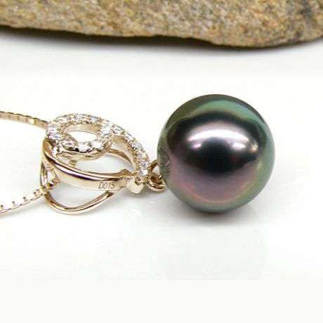Pendentif joaillerie - Perle Tahiti paon aubergine - Or jaune, diamants