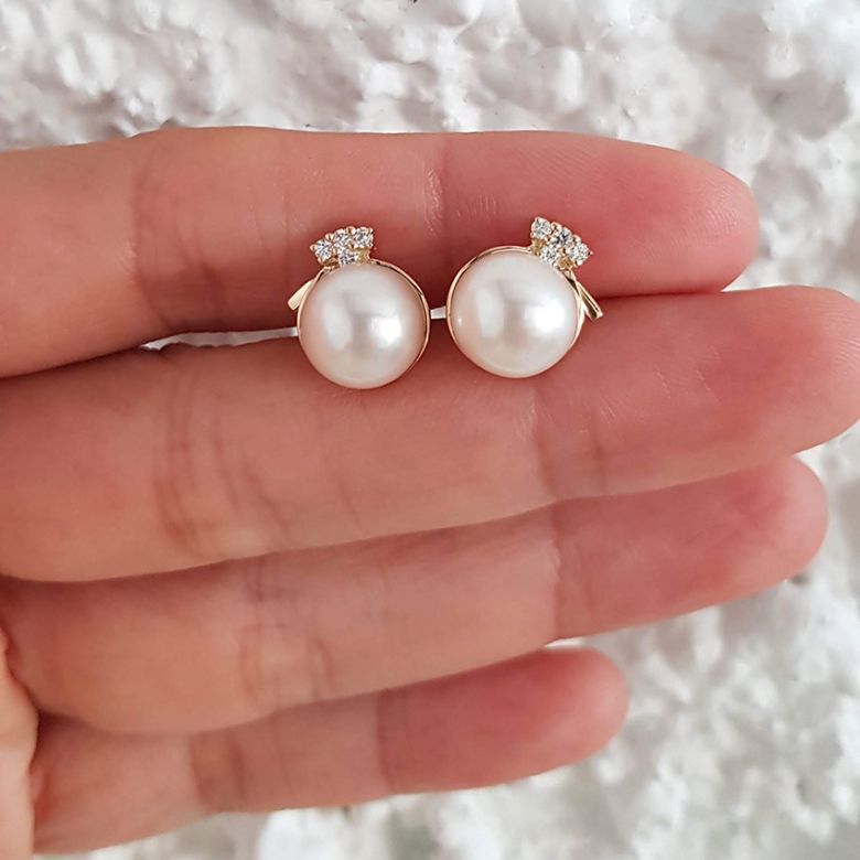 Boucles oreilles chapeau demoiselle - Or jaune, perles et diamants - 5
