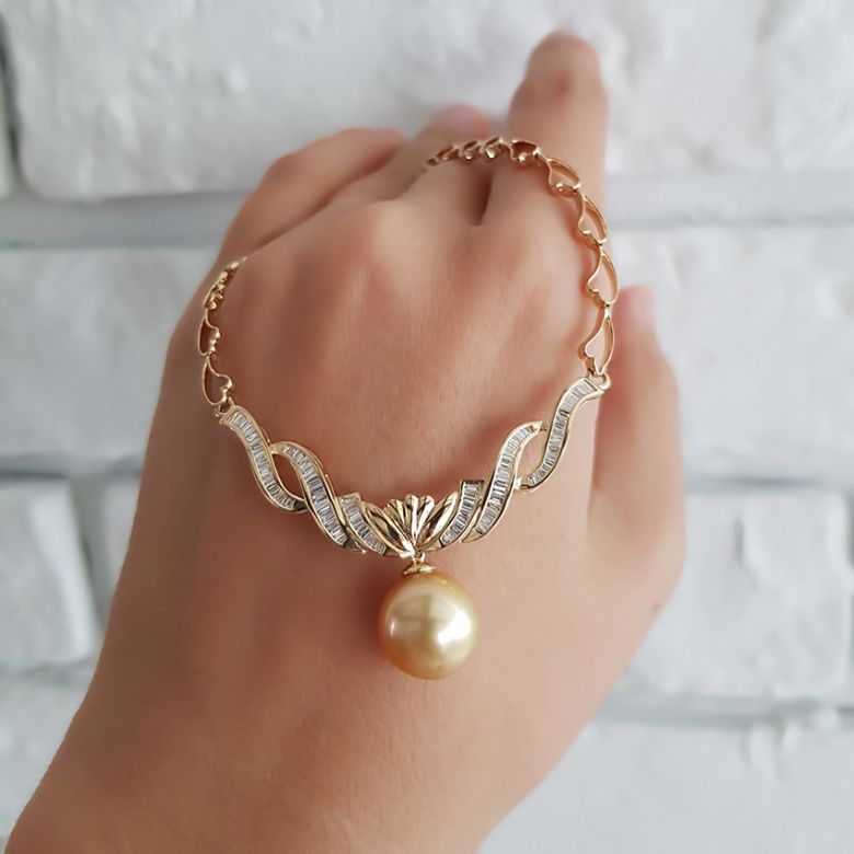 Collier maille coeur - Or jaune, diamants - Perle Australie dorée - 5