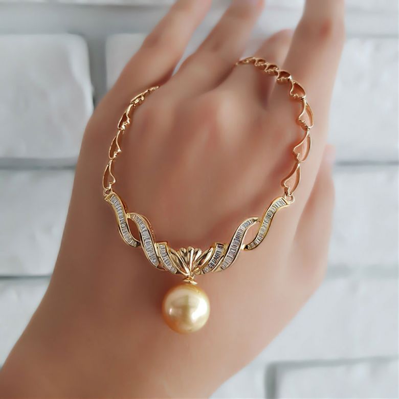 Collier maille coeur - Or jaune, diamants - Perle Australie dorée - 4