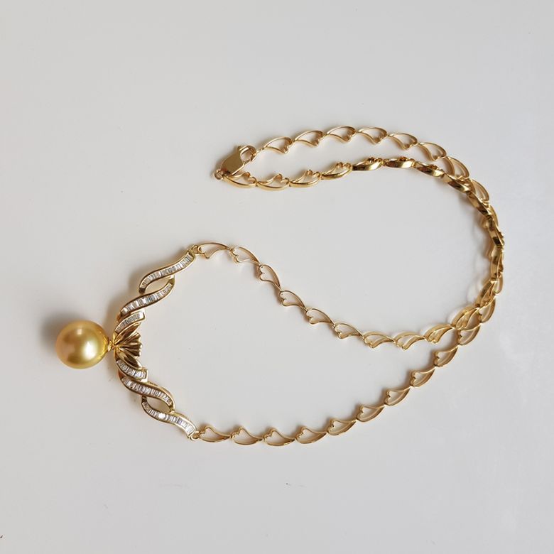 Collier maille coeur - Or jaune, diamants - Perle Australie dorée - 3