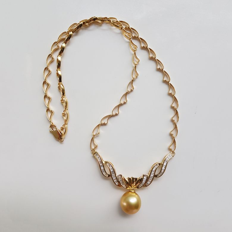 Collier maille coeur - Or jaune, diamants - Perle Australie dorée - 2