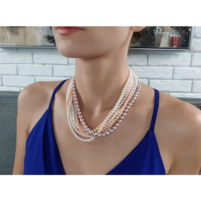 Collier Arlequin I 6 Rangs de Perles Multicolores 5/8mm AAA  - 4