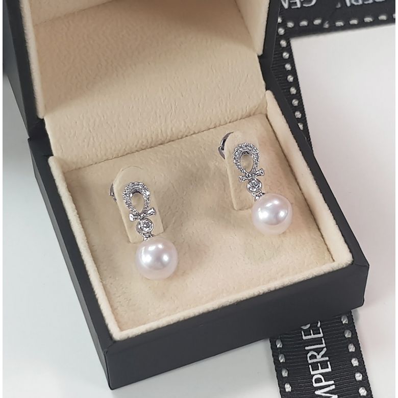 Boucles d'oreilles bambou. Or blanc, perles et diamants - 4