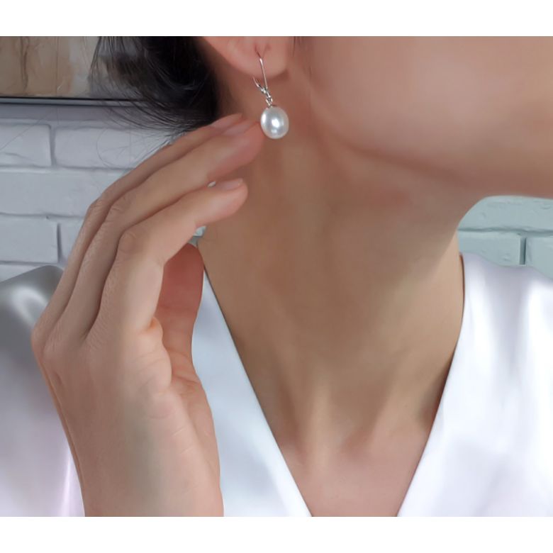 Boucles oreilles or blanc - Dormeuse perle blanche Chine - 8.5/9mm - 3