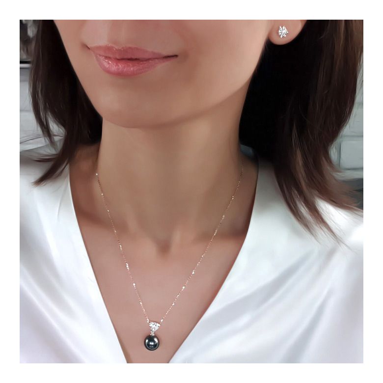 Pendentif Santorin - Perle de Tahiti paon bleue - Or blanc, diamants - 2