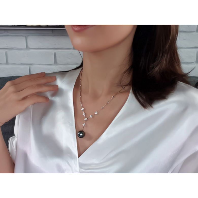 Collier pendentif or blanc, diamants et perle de Tahiti 13/14mm - 4