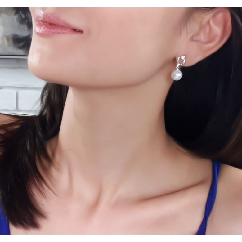 Boucles d'oreilles en forme de bambou - Or blanc, perles et diamants - 2