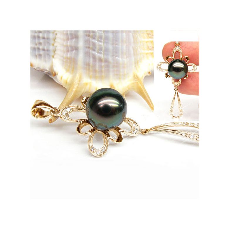 Pendentif perle de Tahiti noire - Tons bleus verts - Or jaune, diamants - 2