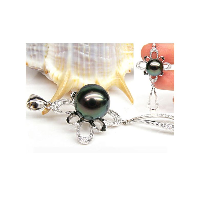 Pendentif perle de Tahiti noire - Tons bleus verts - Or blanc, diamants - 2