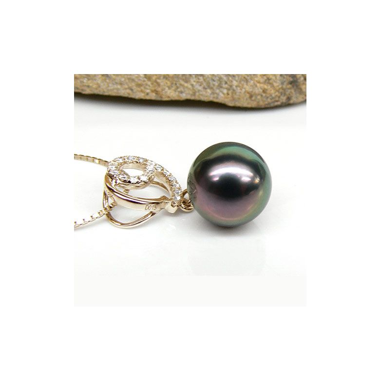 Pendentif joaillerie - Perle Tahiti paon aubergine - Or jaune, diamants - 2