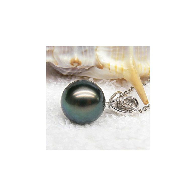 Pendentif Santorin - Perle de Tahiti paon bleue - Or blanc, diamants - 3