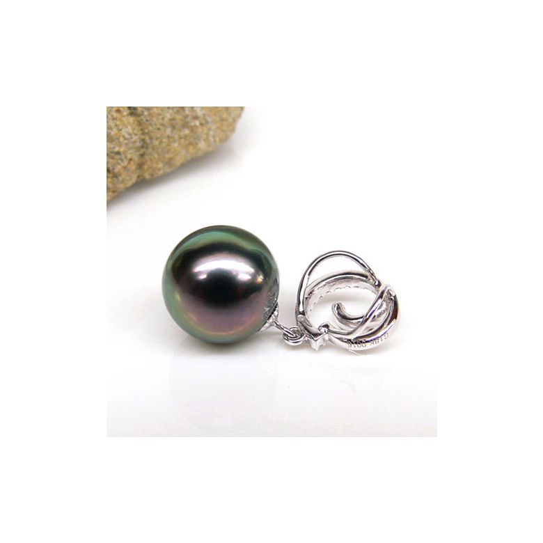 Pendentif joaillerie - Perle Tahiti paon aubergine - Or blanc, diamants - 2