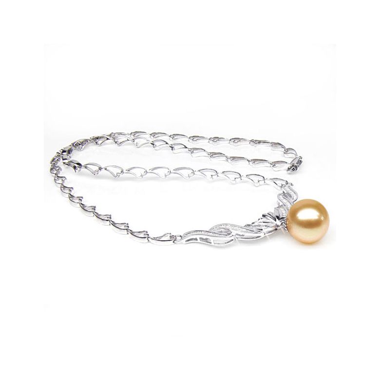 Collier or blanc maille coeur et diamants - Perle australie dorée - 1