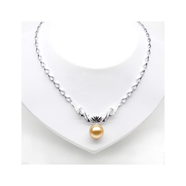 Collier or blanc maille coeur et diamants - Perle australie dorée - 2
