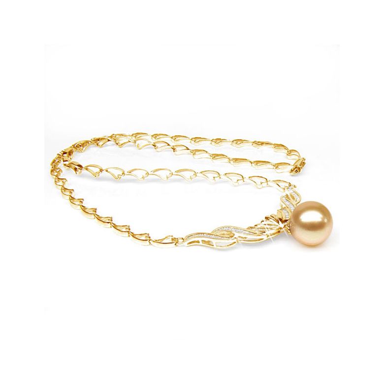 Collier maille coeur - Or jaune, diamants - Perle Australie dorée - 1