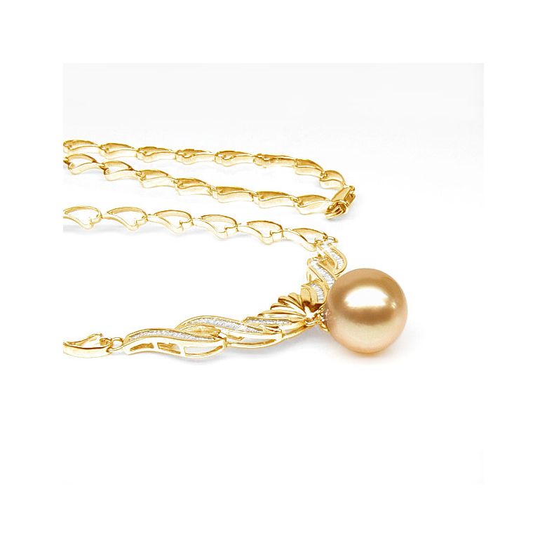 Collier maille coeur - Or jaune, diamants - Perle Australie dorée - 6