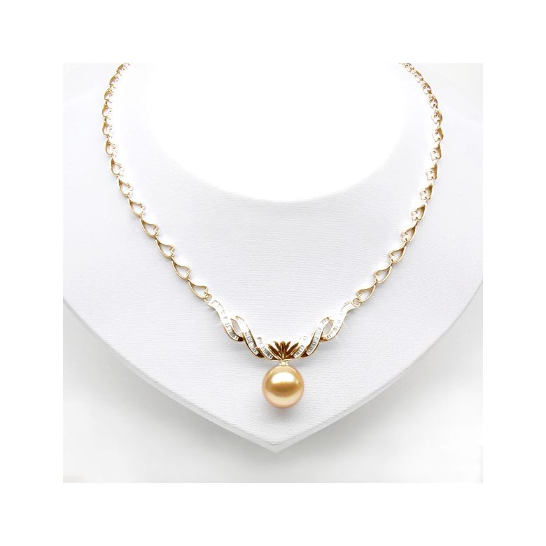 Collier maille coeur - Or jaune, diamants - Perle Australie dorée - 7
