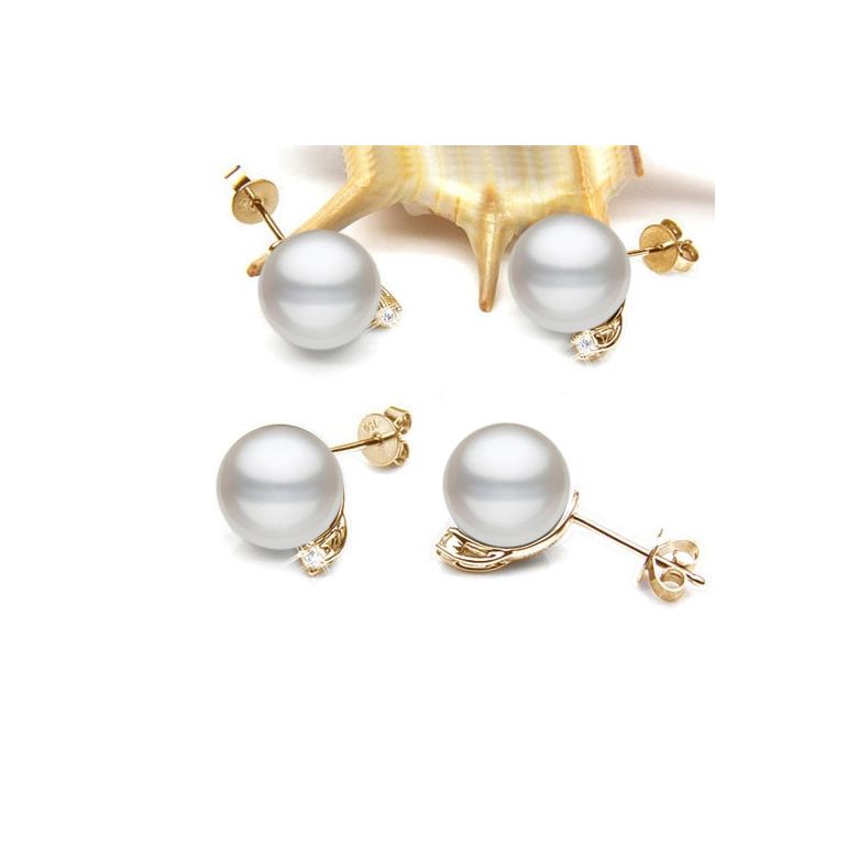 Boucles oreilles perles et puces diamants. Or jaune - 2