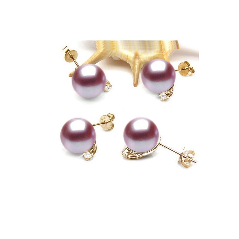 Boucles oreilles perles et puces diamants. Or jaune - 6