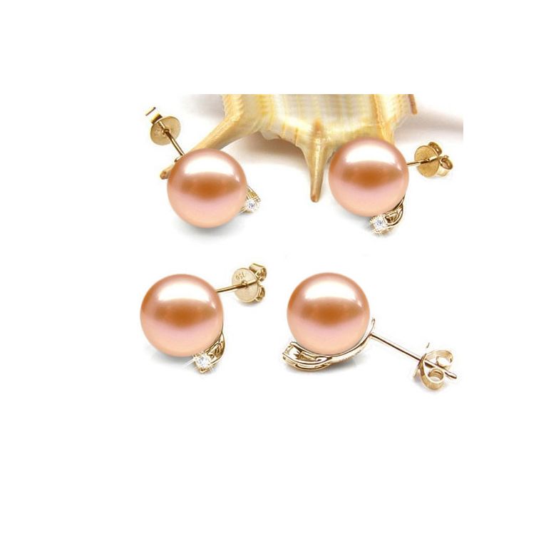 Boucles oreilles perles et puces diamants. Or jaune - 4