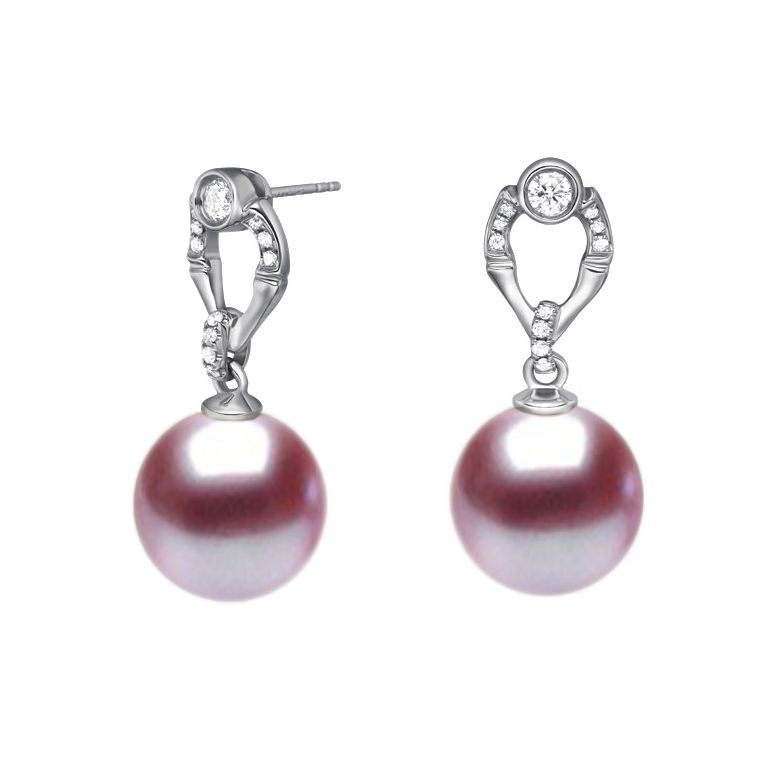 Boucles d'oreilles en forme de bambou - Or blanc, perles et diamants - 5