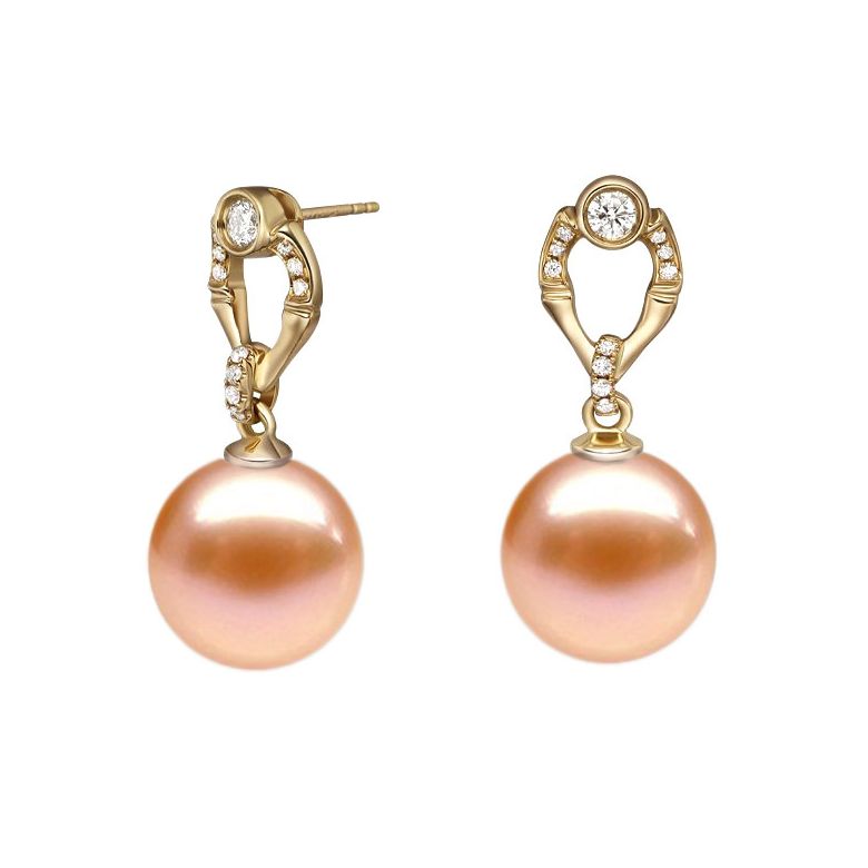 Boucles d'oreilles bambou en or jaune, perles et diamants - 3