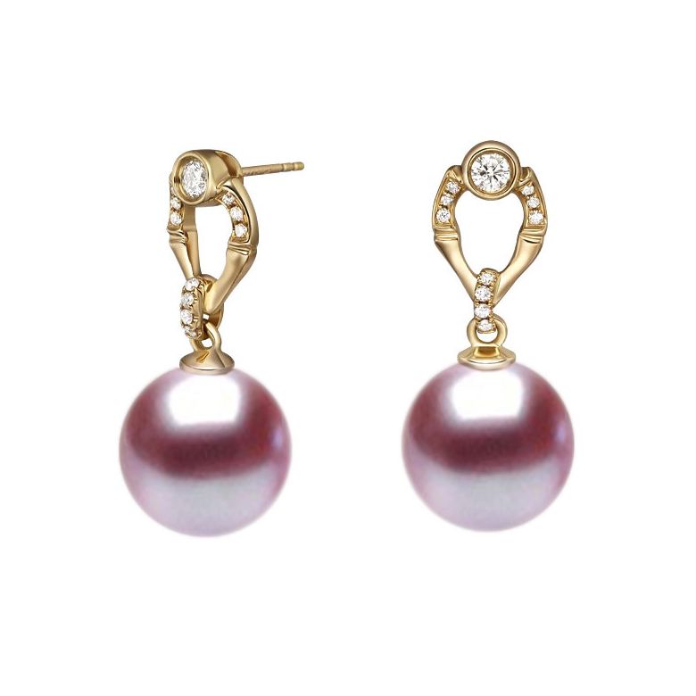 Boucles d'oreilles bambou en or jaune, perles et diamants - 2