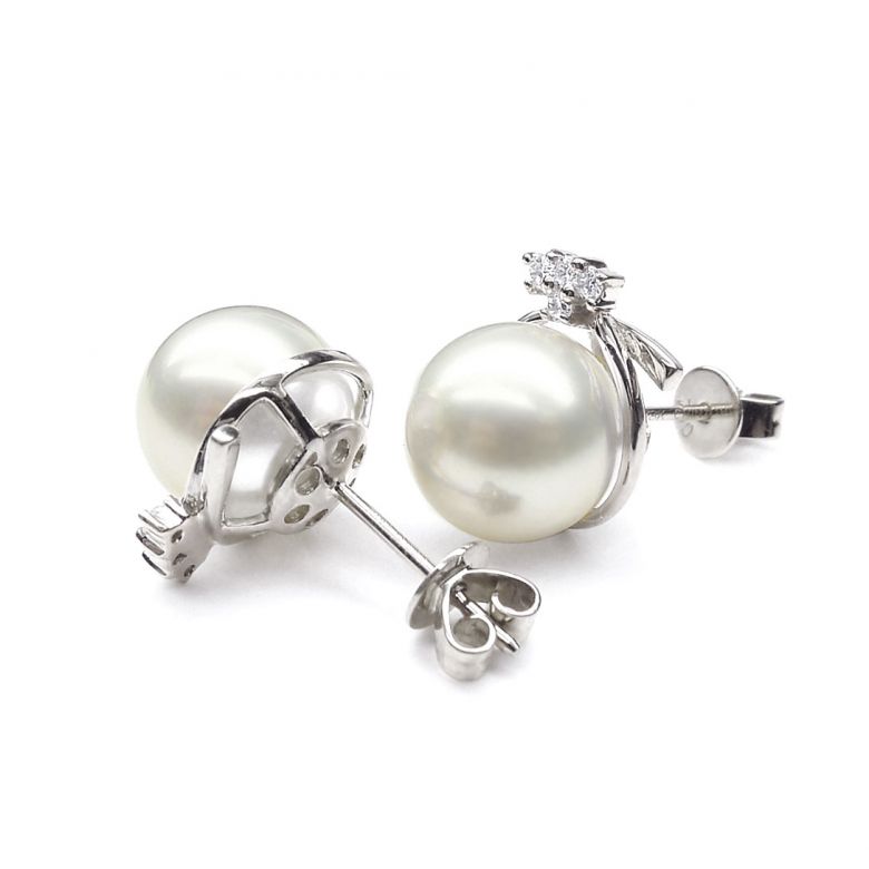 Clous d'oreilles chapeau demoiselle en perles - Or blanc, diamants - 4