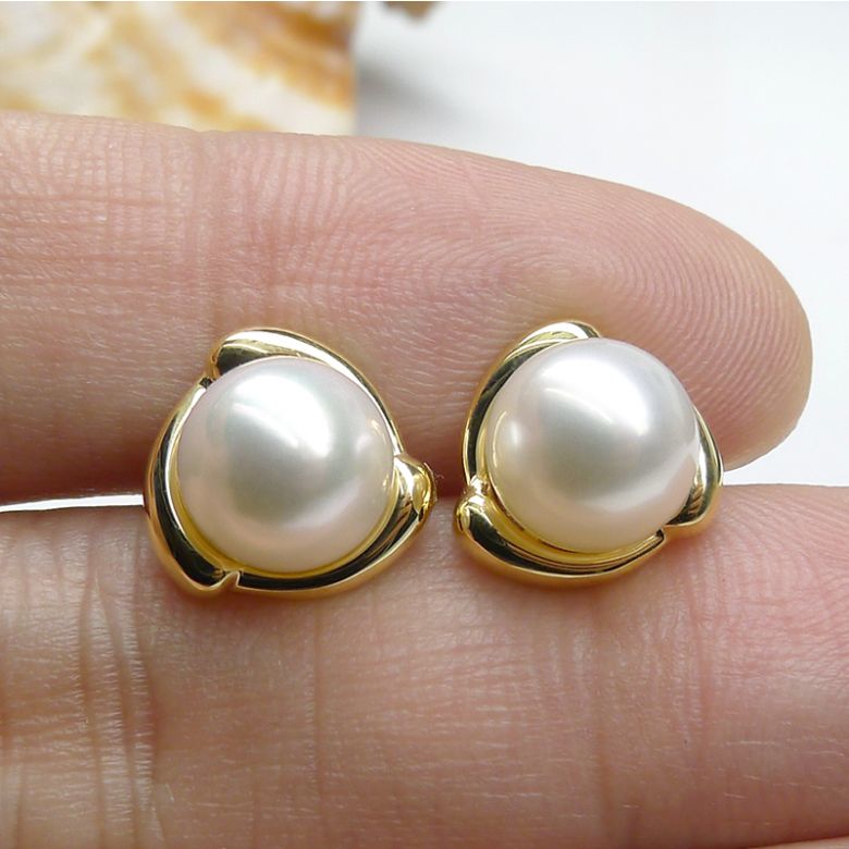 Boucles oreilles ornementation classique - Or jaune, perles eau douce - 4