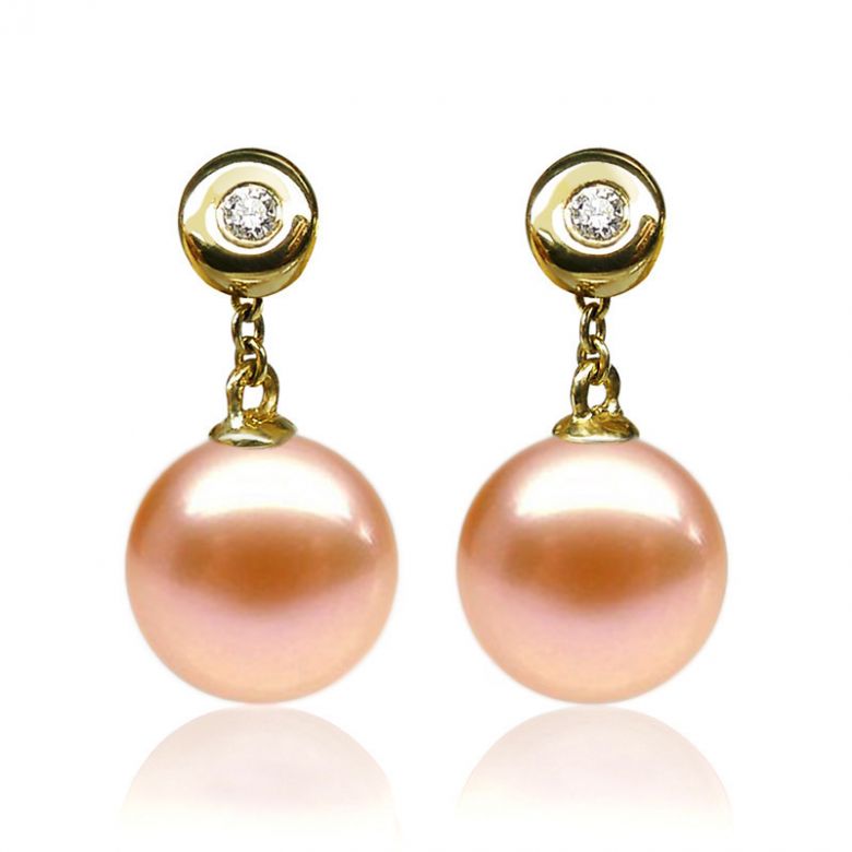 Pendants d'oreilles en perles de culture. Disque d'or et chaînette - 6