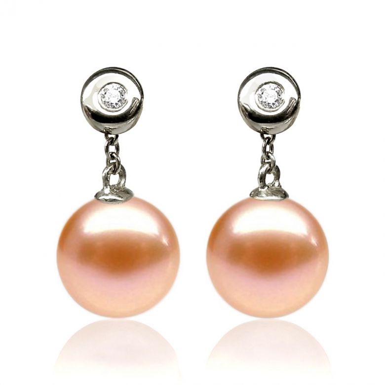Boucles d'oreilles perles de Chine. Disque d'or blanc, chaînette - 5