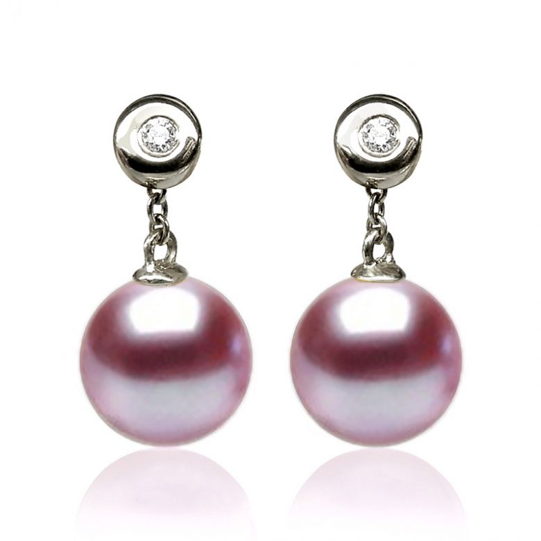 Boucles d'oreilles perles de Chine. Disque d'or blanc, chaînette - 7