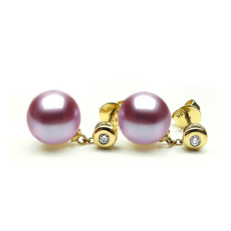 Pendants d'oreilles en perles de culture. Disque d'or et chaînette - 5