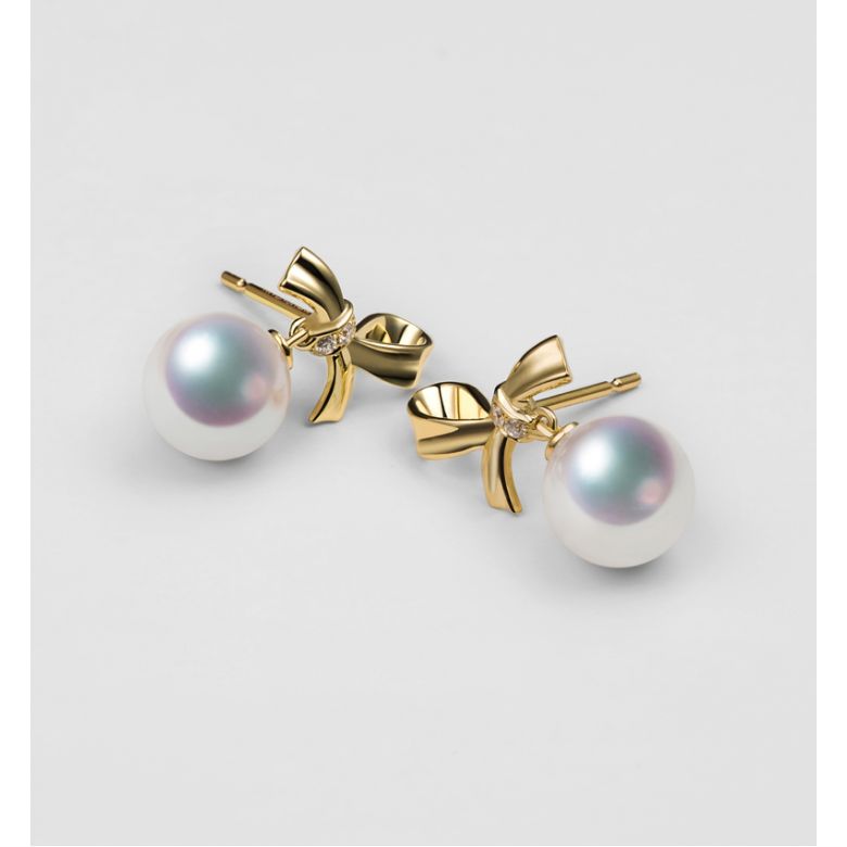 Boucles oreilles perles Akoya. Or jaune, diamants. Rubans, ganses - 5
