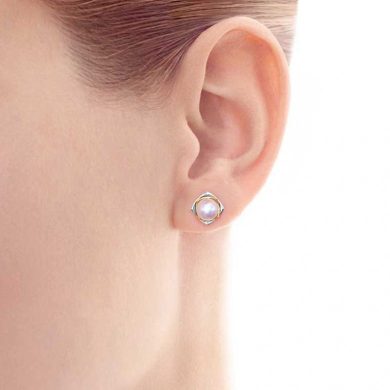 Boucles Oreilles Lotus du Japon. Perle Akoya et Or Blanc et Jaune - 2