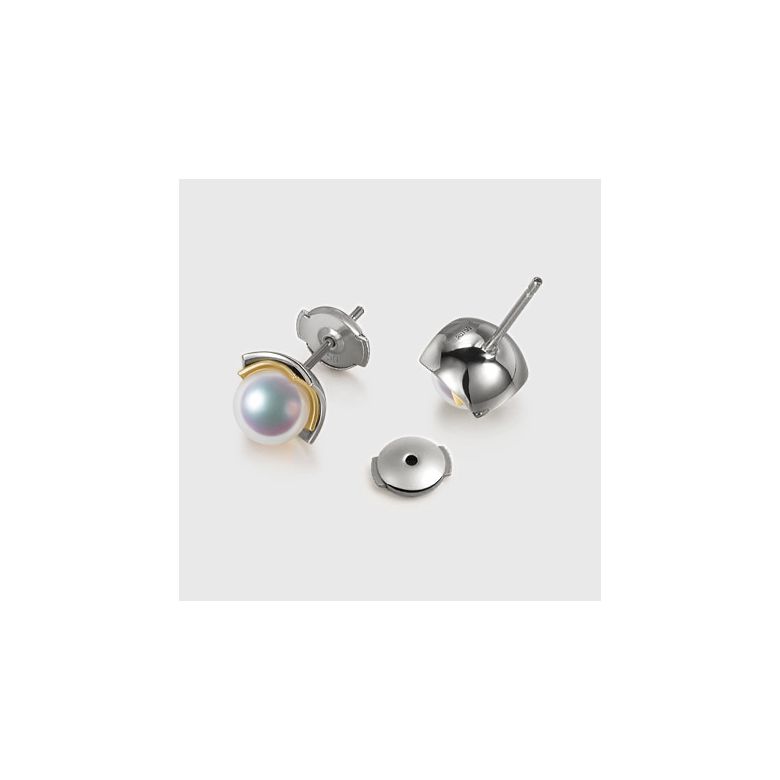 Boucles Oreilles Lotus du Japon. Perle Akoya et Or Blanc et Jaune - 4
