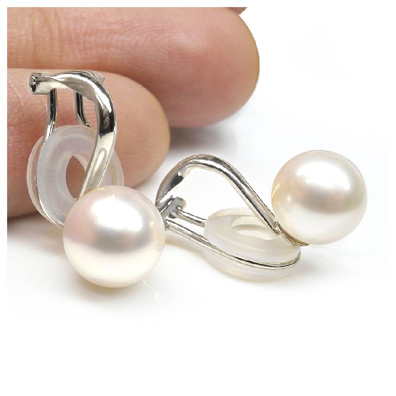 Boucles d'oreilles clips or blanc. Perles d'eau douce Chine blanches - 2