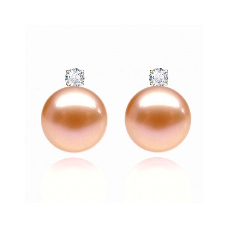 Boucles oreilles perles et puces diamants. Or jaune - 3