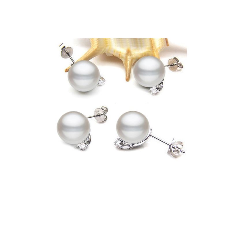 Boucles oreilles perles et puces diamants. Or blanc - 2
