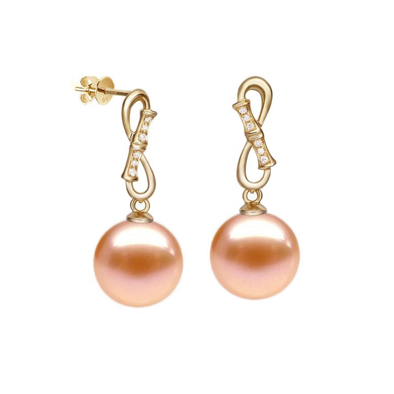 Boucles d'oreilles pendantes Bamboo - Or jaune, diamants et perles - 4